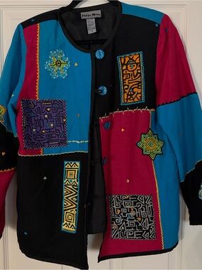 Indigo Colorblock Embroidered Jacket in Blue, Pink & Black